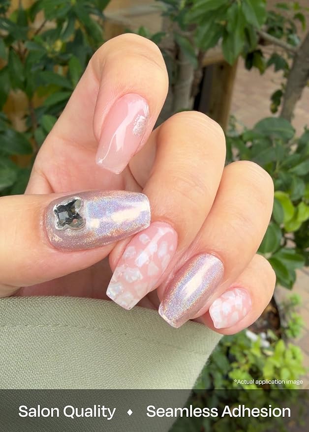 ohora Semi Cured Gel Nail Strips (N Dreamy Flutter) - Works with Any Lamps, Salon-Quality, Long Lasting, Easy to Apply & Remove - Includes 2 Prep Pads, Nail File & Wooden Stick