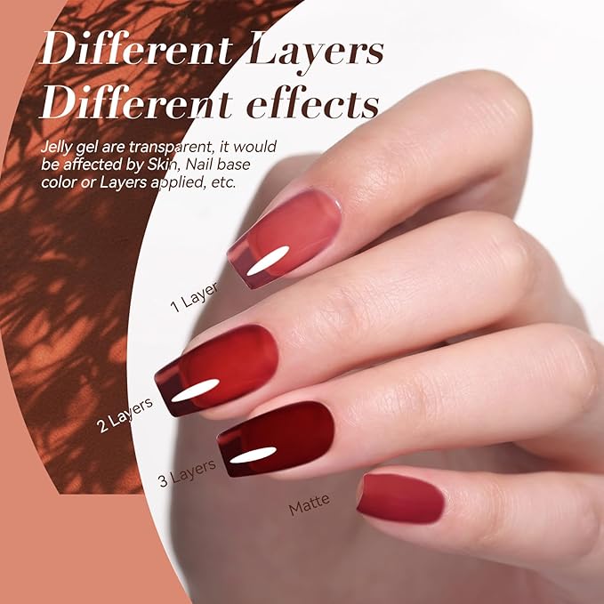 Born Pretty Jelly Gel Nail Polish Brown Red Green Black Blue Purple Sheer Transparent Crystal Gel Nail Polish Kit Fall Winter Soak off Nail Polish for Manicure DIY Home Salon 7ML 6Colors