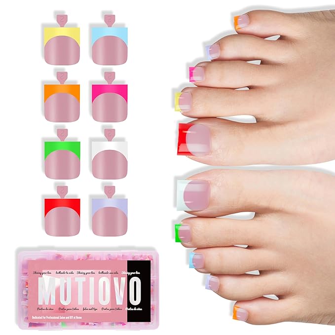 8 MIXED Summer Color French Tip Toe Nail Tips, Sharp Square Soft Gel False Toenail Extension,Full Cover Acrylic, no Glue Included, Need Builder Gel & Top Coat, for DIY x 15 Sizes 240 pcs