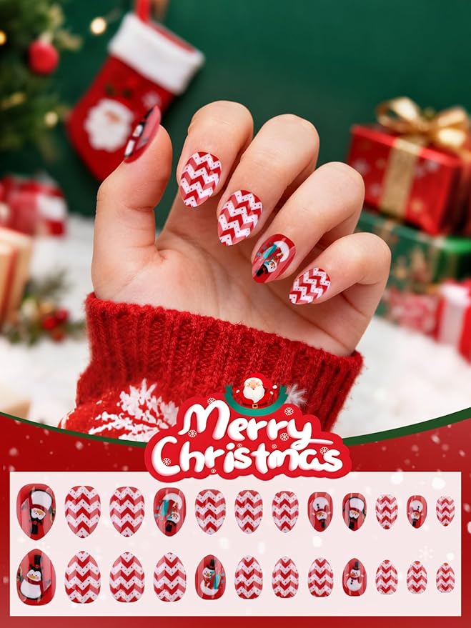 72Pcs Christmas Kid Press on Nails, EBANKU Xmas Fake Nails Kit Full Cover Christmas Theme Design False Nail with Nail Glue for Girl