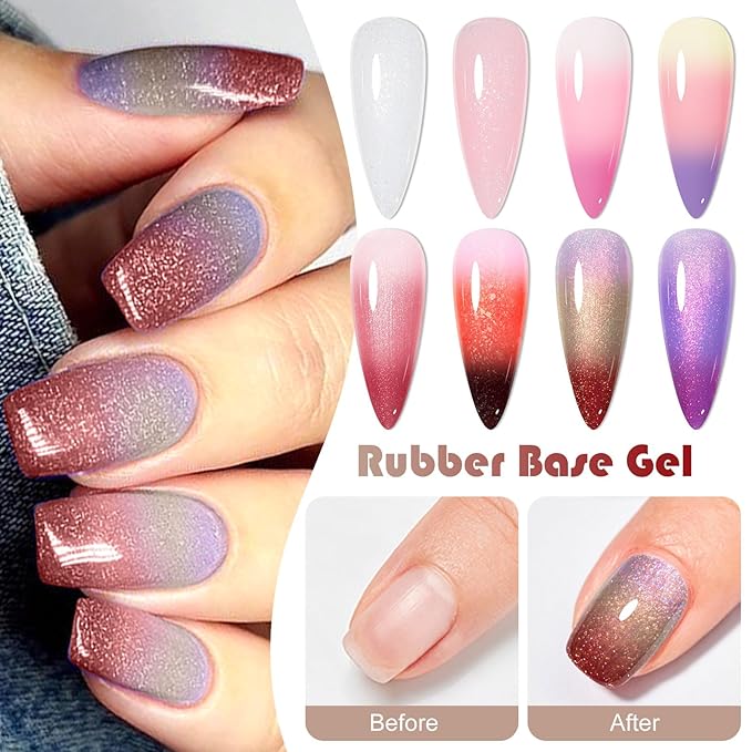 MEET ACROSS Color Changing Rubber Base Gel Nail Polish Set Pink Purple Red Builder Base Gel in a Bottle Hard Extension Gel Shimmer White Pink Cured for Nails at Home Salon DIY Beginner 12PCS
