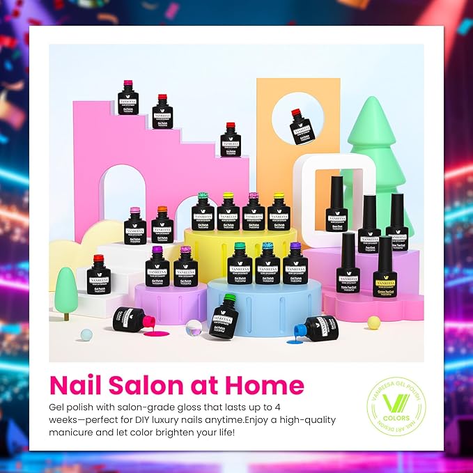 VANREESA 24 Pcs Gel Nail Polish Set -Bright Colors Gel Polish with Base Coat & 4 Effects of Top Coat Bright Yellow Orange Pink Red Green Blue Purple Gel Polish Set Nail Kit Gifts for Women Girls