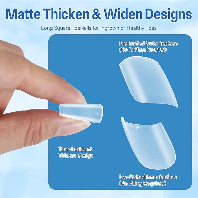 Thickening Toe Nail Tips, Square Full Cover for Wide Long Nail Beds, Matte Pre-shaped Press on Toenails for Women Extensions Home DIY Nail Salon 300PCS 15Sizes