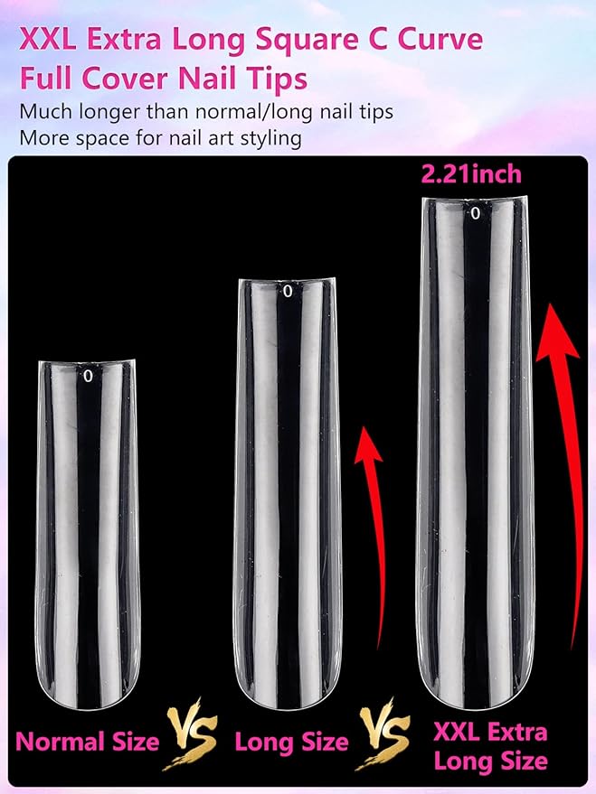 504PCS Clear Square Nail Tips for Acrylic Nails Professional, XXL/XXXL Extra Long Tapered Square Straight Acrylic Nail Tips, Full Cover No C Curve False Nail Extension Tips for Manicure Salon Nail Art