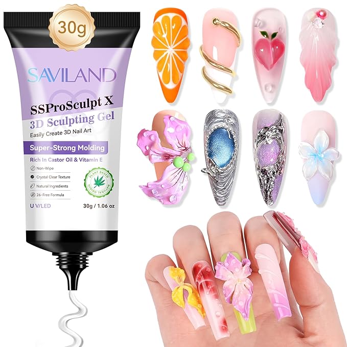 SAVILAND 1.06oz 3D Gel Nail Art, No Wipe Clear Sculpting Gel for Molding Carving Rhinestone Glue for Gems Decoration Adhesive 3D DIY Design for Home Salon Christmas Gift Set