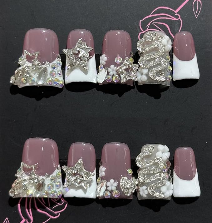 Handmade Press on Nails Rhinestones Snake False Nails Short Duck Shaped Fake Nails White French Acrylic Nails Full Cover Reusable Love Heart Rhinestones Fake Nails for Women Girls Accessories (Size M)
