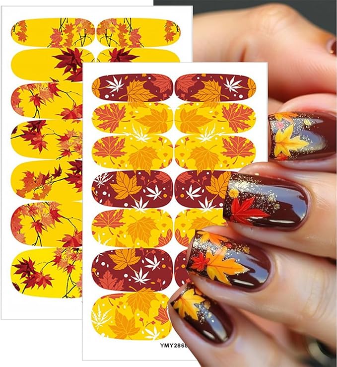 6 Sheets Fall Gel Nail Stickers Self-Adhesive Fall Gel Nail 3D Maple Leaf Fall Nail Wraps Stickers Strips Thanksgiving Maple Leaves Nail Polish Stickers for Women Autumn Nail Design DIY Kit