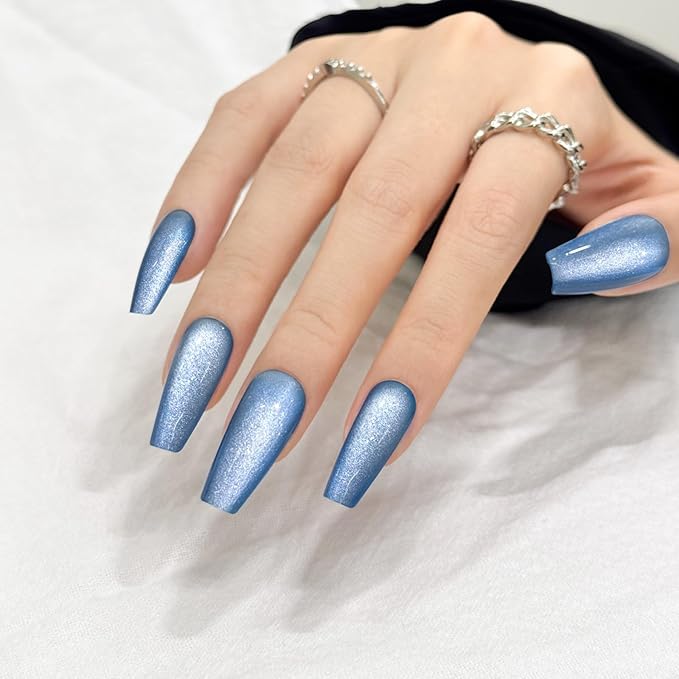 Blue Cat Eyes Press On Nails,12 Sizes-24 Pcs Soft Gel Medium Coffin Fake Nails Kit with Nail Glue, Natural Reusable Stick On False Nails for Women and Girls (Skycloud Blue Nails) SK0981