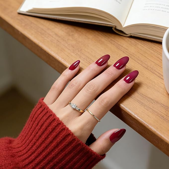 Cherry Red Press On Nails Medium Almond Handmade Soft Gel Fake Nails Burgundy, Deep Red Stick Glue on Nails Kit for Women, Reusable Acrylic False Nail Set