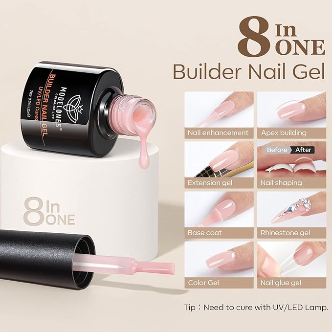 modelones Builder Nail Gel, Base Colors 8-in-One Jelly Caramel Brown Nude Pink Clear Builder Nail Gel Polish for Hard Extension Rubber Lamp Cured 6 Colors