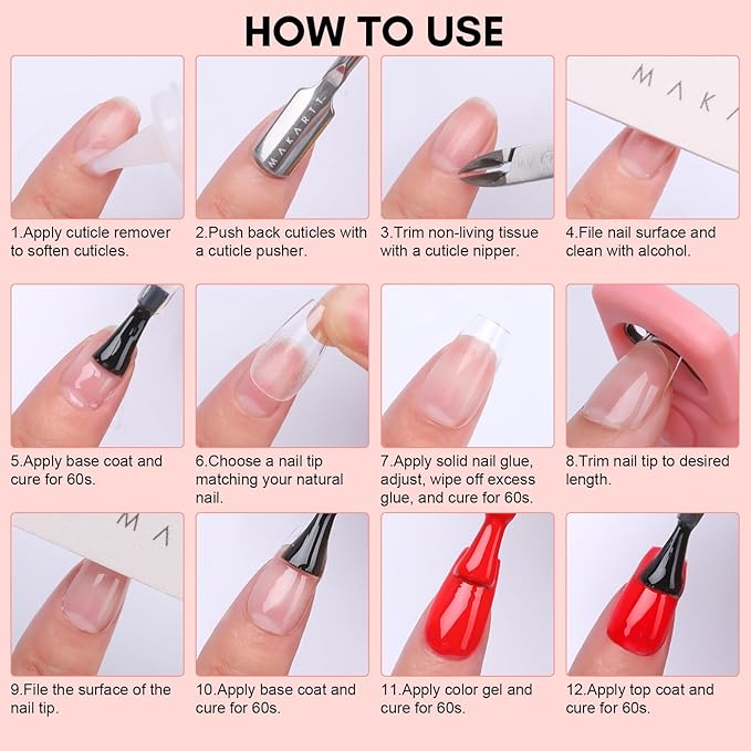 Makartt Nail Glue and Tips Kit: 15ML Solid Gel with Almond & Coffin Pre-Buffed Fake Nails, Portable UV Lamp, Base and Top Coat, Nipper, Cuticle Remover and File for DIY Art Manicure