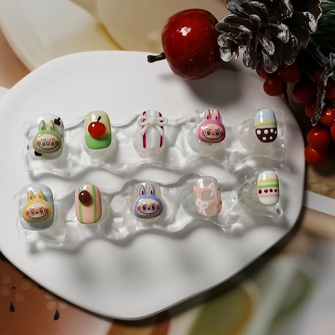 3D Cherry Press on Nails Short Square - Cute Cartoon Design with Mini Bow Charms, Colorful Kawaii False Nails for Women and Girls (Cartoon-A,S)