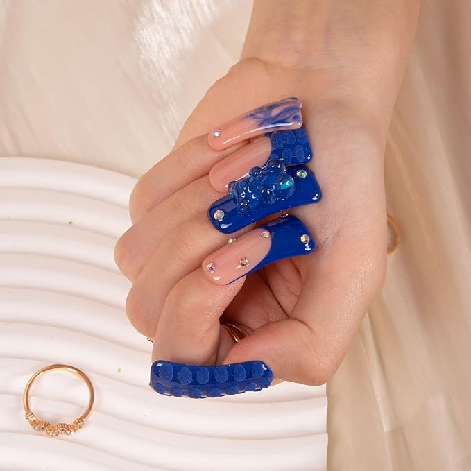 LOVFUL Press on Nails Little Blue Bear | Handmade with Full Covered Crystals | Reusable Full Cover Nails | Duck Classic Regular 1.3 in | H132-L