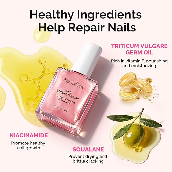 MelodySusie Nail Strengthener and Growth Treatment, 2-in-1 Ridge Filling Base Coat & Glossy Concealer Polish for Damaged Nail Repair and Healthy Shine,Gifts for Women Deep Sparkling Pink