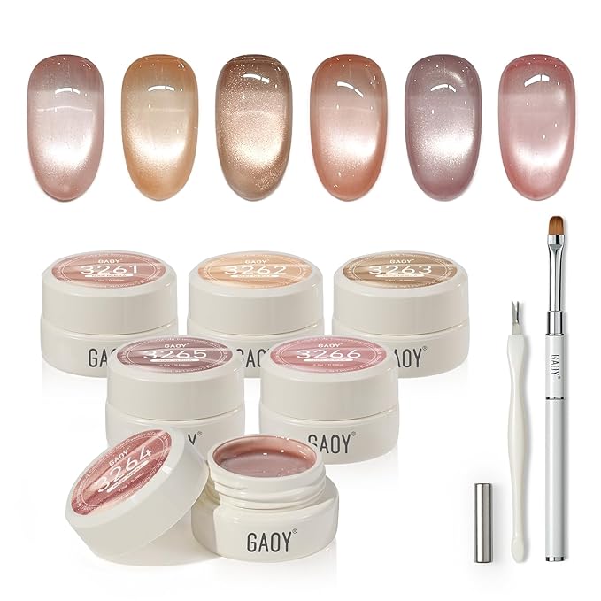 GAOY Sheer Nude Cat Eye Gel Nail Polish Set with Magnet, 6 Colors Jelly Pink Purple Gold Holographic Gel Polish, for Salon Manicure & Nail Art DIY at Home, Nude Nebula