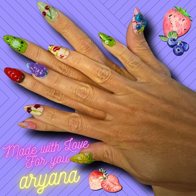 ARYANA NEW YORK 3D Flower Summer Press on Nails Almond, Colorful Fruits Design Nails for Women, Glossy Gold Beads Rhinestones Charms French Tip Glue on False Nails, Les Fruits Collection - Small