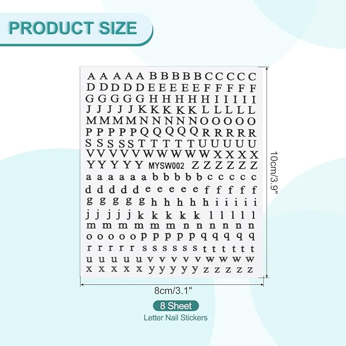 PATIKIL Letter Nail Stickers, 8 Sheet 3D Self-Adhesive English Letter Nail Decals Small Alphabet Art Sticker Metallic Fluorescence Design Manicure for Women DIY Decor, Black