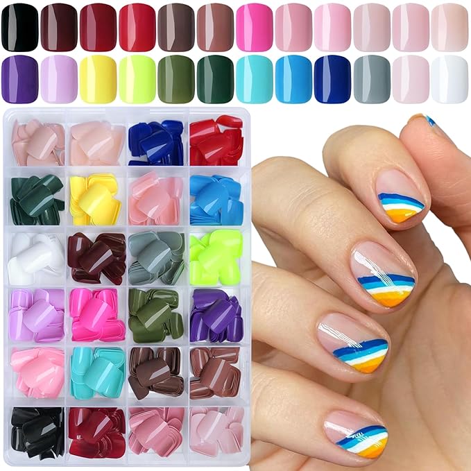 AddFavor 576pcs Press on Nails Short Square Fake Nails - Glossy Full Cover Acrylic Artificial False Nail Tips 12 Sizes for Women Girls 24 Colors Short Press on Nails Square Shape
