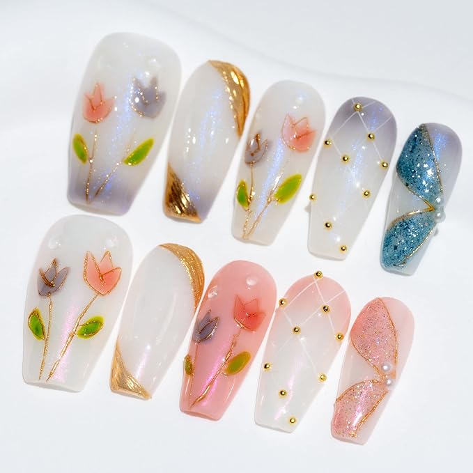 Sun&Beam Nails Handmade Long Coffin Ballerina White Pink False Nail Tips with Cute 3D Gold Pearl Popular Charm Design Press On Nails 10 Pcs (#56 S) (FN-HM-056-S.AU)