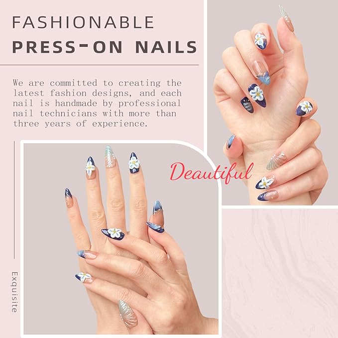 Handmade Press-On Nails – Medium Almond Thick Acrylic Gel Nails, Reusable 3D Flower False Nails, Gradient Blue French Tip Manicure – Salon-Quality DIY Nail Art(10PCS-S)