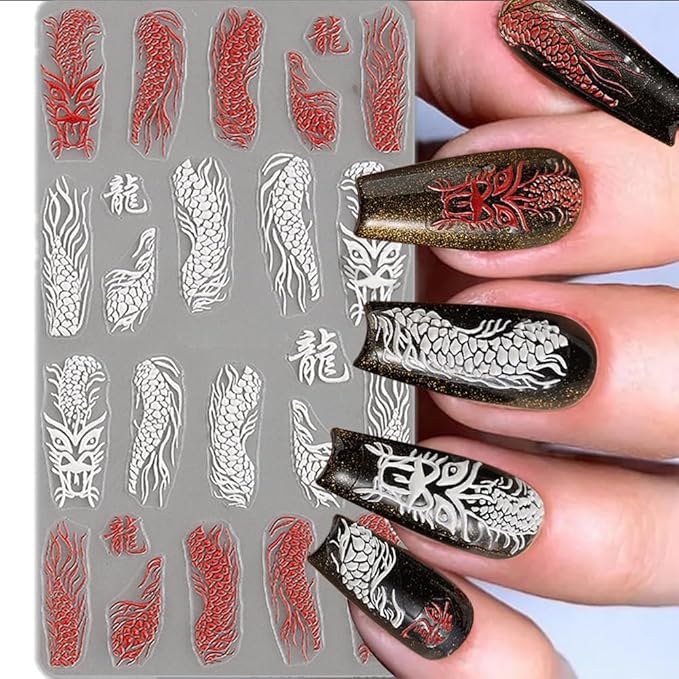 5D Embossed Dragon Nail Art Stickers for Designs - Black White Chinese Dragons Decals for Women - Manicure Supplies for Nails Decor