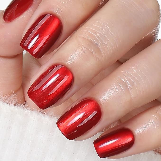 UNA GELLA 32Pcs Soft Gel Press on Nails - 16 Sizes Red Cat Eye Short Square Glue on Nails, Reusable Glitter Velvet Red False Nails, Full Cover Acrylic Nail Kit for Women DIY Home Manicure