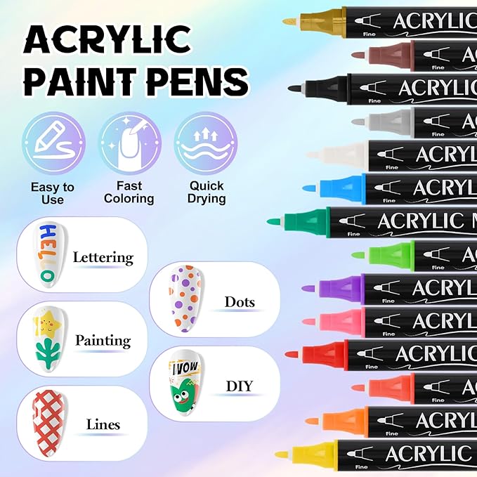 Kalolary 24 Colors Nail Art Pens Set, Nail Polish Pens Double-Ended Acrylic Paint Pen Nail Art Markers Quick-Drying Nail Art Tools for Dotting Drawing Painting DIY Nail Art Beauty Manicure（D）
