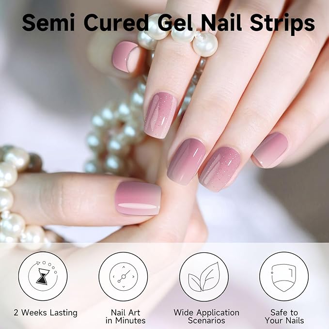 Semi Cured Gel Nail Strips (Pink), 28 pcs Gel Nail Stickers, Work with Any UV Lights, Long-Lasting NailWraps for Women, Salon-Quality, Easy to Apply & Remove
