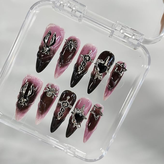 Halloween Handmade Press on Nails Long Almond 3D Nails Gothic Thick Acrylic Fake Nails Ombre False Nails with Rhinestones Spider Heart Designs Pink&Black Sturdy Nail Art Press on Nails 10Pcs(S)