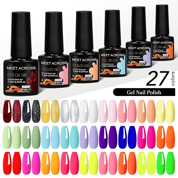 MEET ACROSS 27PCS Gel Nail Polish Set,27 Colors Gel Nail Kit Art Design Soak Off UV LED,Nail Art Design Gifts for Women