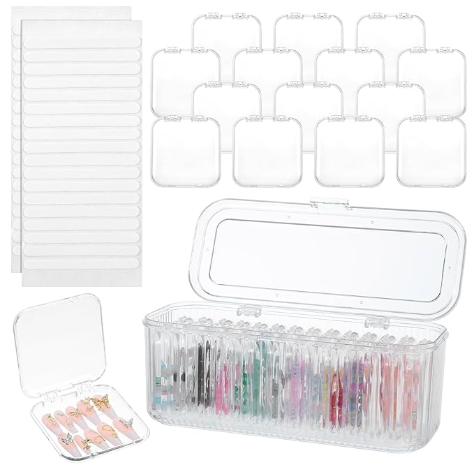 Press On Nail Orgnizer 14 PCS Clear Press On Nail Storage Boxes and 1 Big Storage box with 60 Pcs Adhesive Double Sided Tape, On Packaging for Fake Display Salon