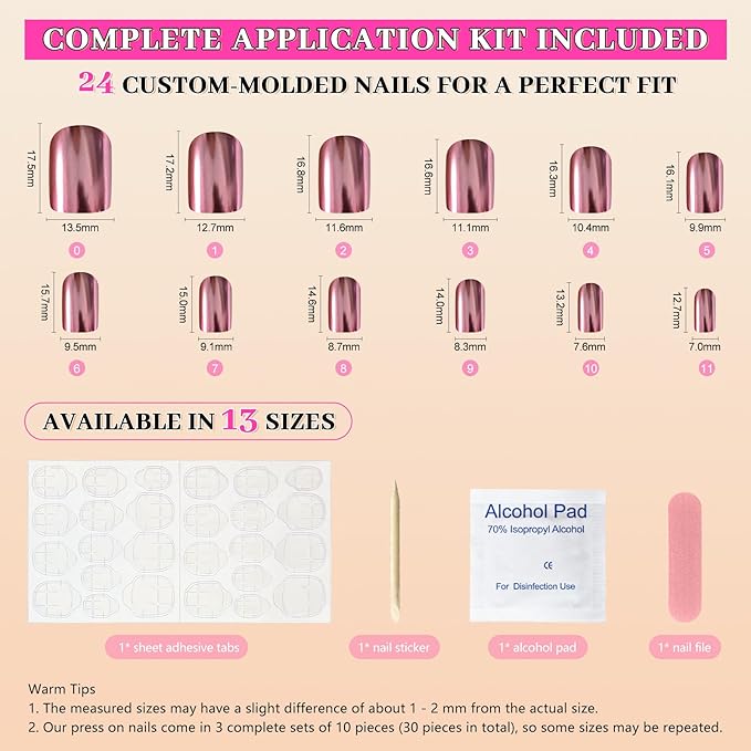 EchiQ Chrome Punk Metallic Pink Square Press On False Nails Medium Short Length Fingernails Velvet Fake Nails Bright Acrylic Manicure Art Tips Women 24pcs/Set