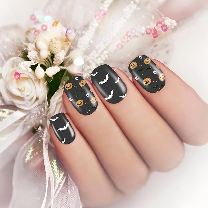 JERCLITY 224 Pieces 16 Sheets Halloween Nail Wraps for Short Nails Halloween Nail Polish Strips Cobwebs Ghosts Spider Haunted House Jack-o'-Lantern Nail Stickers for Women