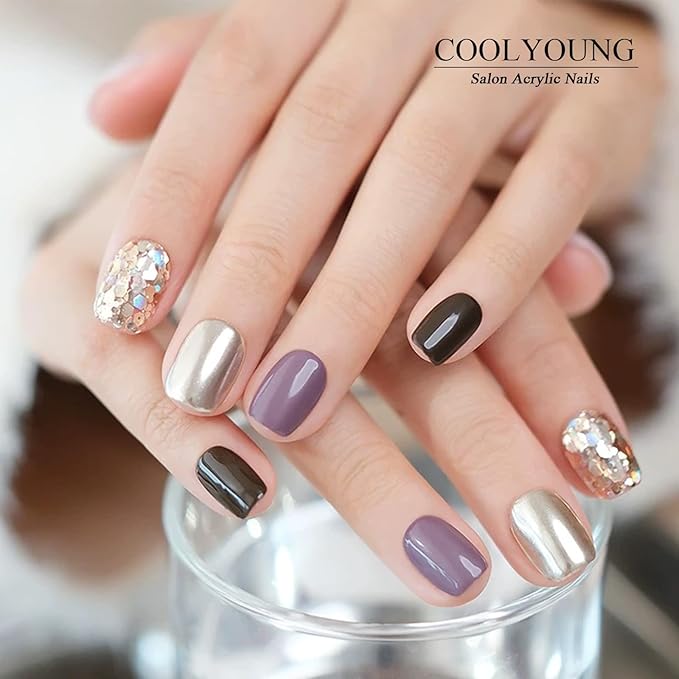 COOLYOUNG 25PC Short Glitter Press On Nails Soft Gel Acrylic Blush Pink Black Mix Reusable Fake Nails