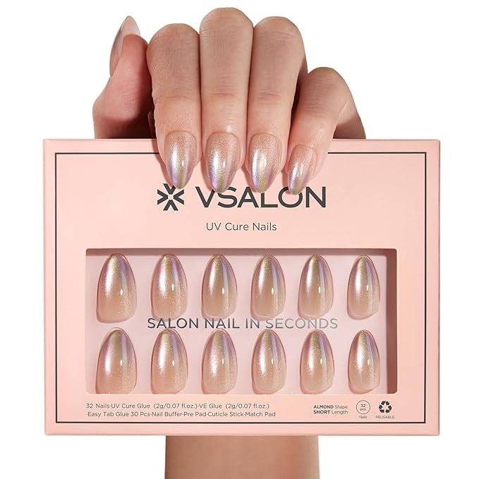 VSALON Press On Nails Short Almond, Nude Aqua Cat Eye Clear Shimmer Nails, Salon Quality Fake Nails Kit - 32 PCS Stick on Nails in 16 Sizes with UV Glue & Cuticle Oil