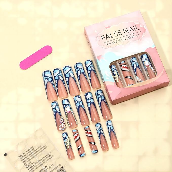 Extra Long Press on Nails Square Fake Nails Blue French Tip Acrylic Nails with Gorgeous Patterns Designs False Nails Rhinestone Glue on Nail for Women 24Pcs