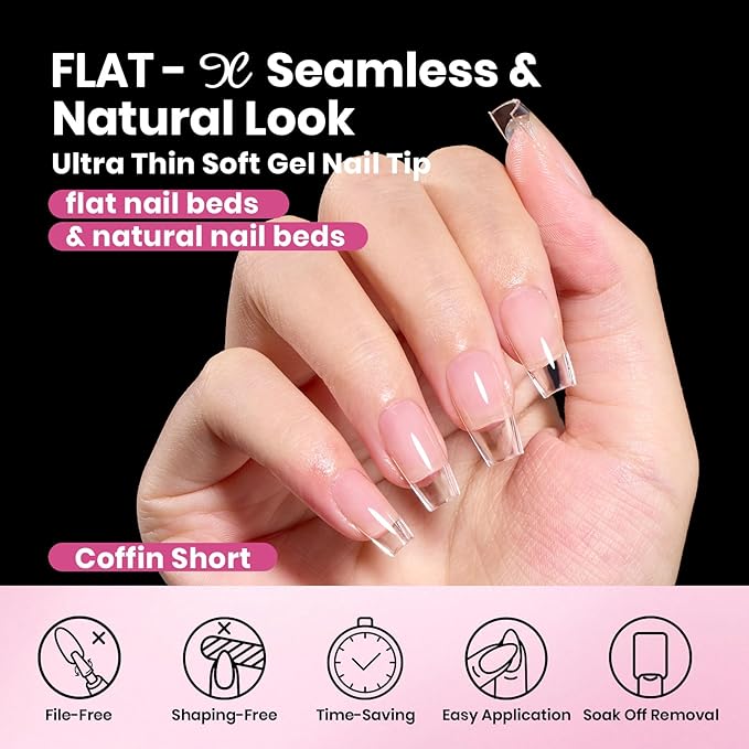 Beetles Gel Nail Tips Flat-X - Coffin Short, 320pcs 16 Sizes, Pre-Etched Half Matte Full Cover Soft Acrylic Press on False Nail Extension Tips Easy DIY Salon Art for Flat & Natural Nail Beds