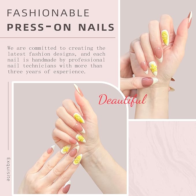 100% Handmade Press-On Nails,3D Flower & Leopard French Tips,Glossy Nude Medium Almond Shape | Spring/Summer DIY False Nails | Reusable Nail Art(10PCS-S)
