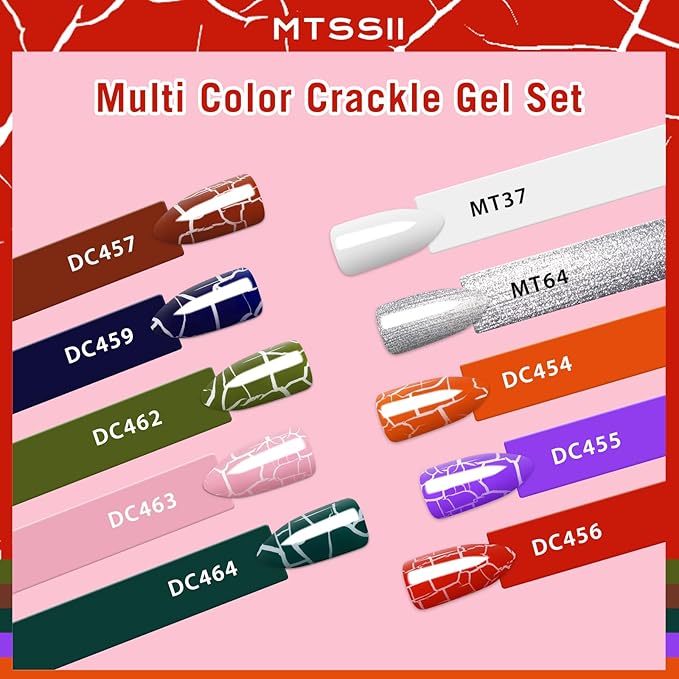 MTSSII 12pc Crackle Gel Nail Polish Set - 8 Colors (Red, Purple, Orange, Pink, Green, Blue) + White & Silver Gel Polish - Air Dry & UV LED Lamp Needed