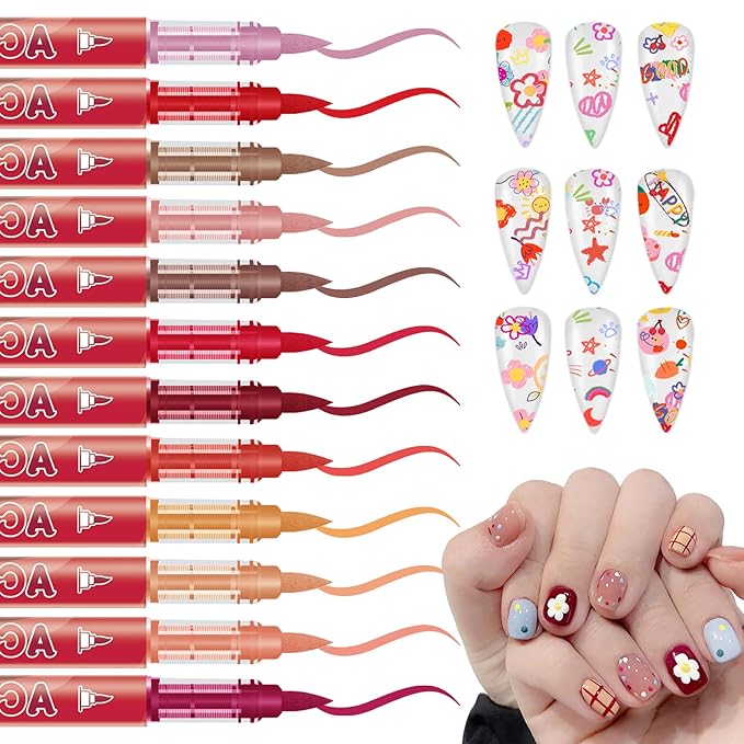 12 Colors Nail Art Pens Set, Nail Polish Pens Nail Art Drawing Markers Pen Quick Dry Waterproof Nail Art Painting Pens Kit for Home DIY Nail Art Design-Red