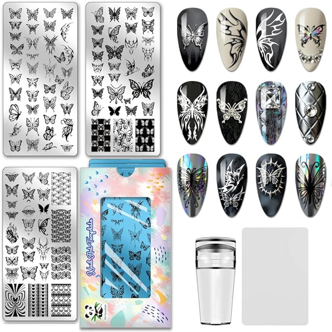 PH PandaHall 3pcs Butterfly Nail Stamping Plate Gothic Butterfly with Skull Nail Art Stamper Nails Art Plates Manicure Design Stamp Nails Image Plates for Manicure Design Salon Supplies