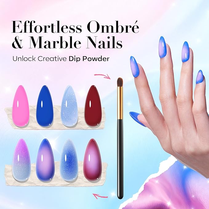 AZUREBEAUTY Dip Powder Nail Kit, Pinkish Blue Ombré 4 Colors Upgraded Brush One-Step Dipping Powder with Base & Top Coat Activator for French Nail Art Manicure Salon DIY at Home