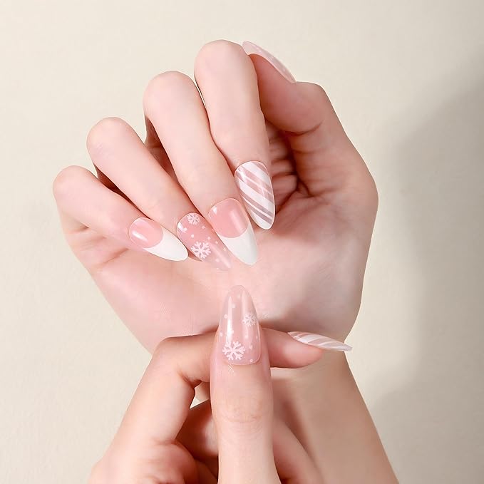20pcs Christmas Semi Cured Gel Nail Strips - Salon-Grade DIY Wraps with Glaze Texture, Easy Application, UV Light Required for Festive Nails(Pink White Snowflake Winter)