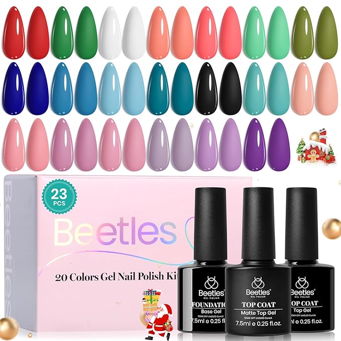 Beetles Spring Gel Polish Set - 20 Colors Red Green White Black Nude Spring Gel Nail Polish with Base Top Coat Trendy Colors Uv LED Lamp Salon DIY at Home Nails Gifts for Women Vibrant Subtle