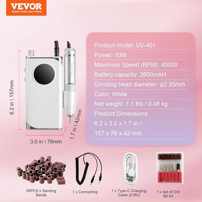 VEVOR Electric Rechargeable Nail Drill, 40,000RPM Portable Cordless Nail E File Machine, LCD-Display Acrylic Gel Grinder Tool with 6 Bits and 50PCS Sanding Bands for Manicure Pedicure Carve Polish