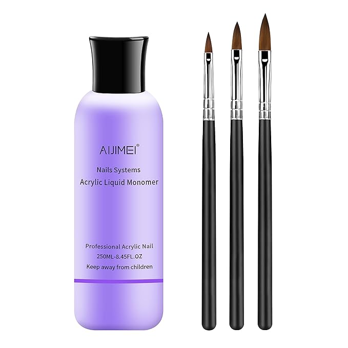 AIJIMEI Acrylic Liquid Monomer 250ML/8.5FL.OZ with Nail Brushes for Acrylic Powder Nail Liquid Monomer For Nails Powders & Liquids