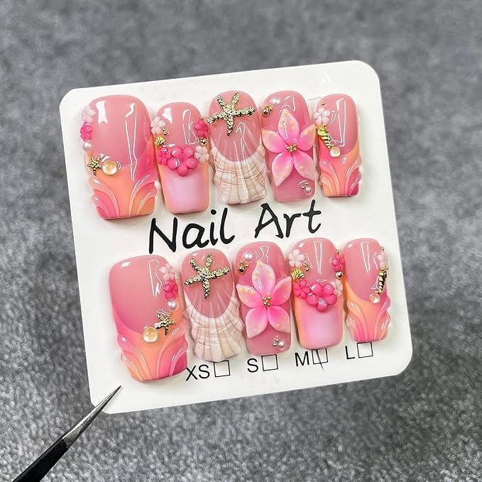 Handmade Press on Nails Medium Coffin Fake Nails Gradient French False Nails 3D Flower Artificial Acrylic Thick Stick on Nails Handmade for Women Manicure Art Decorations (Size M)