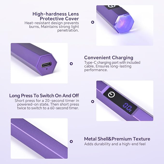 Handheld LED UV Light for Gel Nails Mini Nail Lamp Portable Cordless Rechargeable Type-C Nail Dryer with Display for Fast Curing, DIY Nails Tool, Purple, for Home DIY & Nail Salon