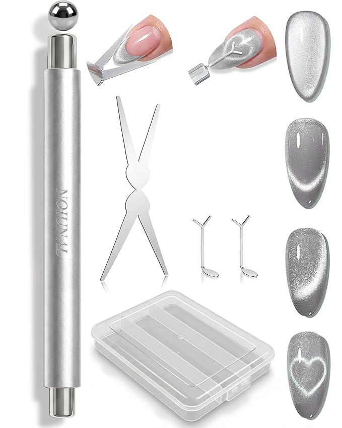 4-Piece Cat Eye Magnet Set with Case – Heart-Shaped & French-Shaped Magnets for Nail Art, Cat Eye Magnet Art Tool, 3-in-1 Magnetic Pen for Salon Professionals & Home DIY, Silver