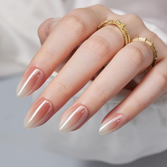 Short Press On Nails Ons Almond - Findigit Glossy Nude White Ombre Soft Gel Nails, Natural Reusable Stick On Nails with Glue On in 16 Sizes - 32 Fake Nails Kit, Almond Ombre Glazed